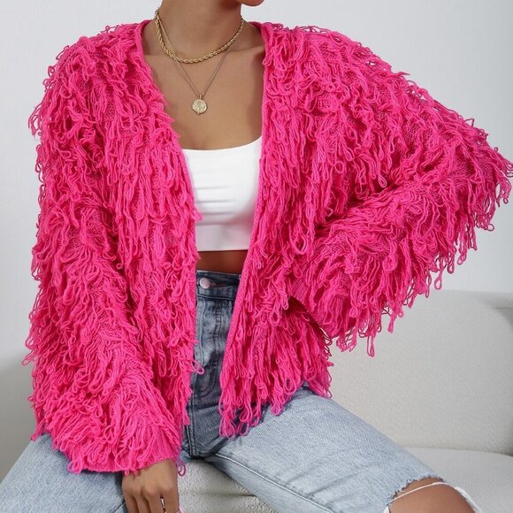 Hot Pink Casual Women's Shaggy Knit Duster Cardigan - Picture 4 of 7